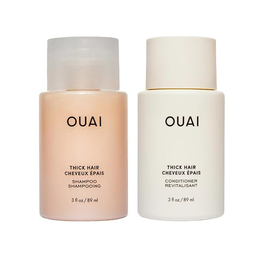 OUAI Thick Hair Shampoo & Conditioner Set, Travel Size - Moisturizing Shampoo & Conditioner - With Keratin, Marshmallow Root, Shea Butter & Avocado Oil - Sulfate, Paraben & Phthalate Free (3 Oz)-Velvo Beauty