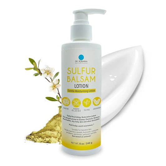 Dr. Robaina Sulfur Balsam Lotion – Lightweight Moisturizer for Dry, Flaky & Itchy Skin – Calms Redness, Supports Skin Barrier & Locks Hydration – Shea Butter & Tea Tree – 8 fl oz, USA Made-Velvo Beauty