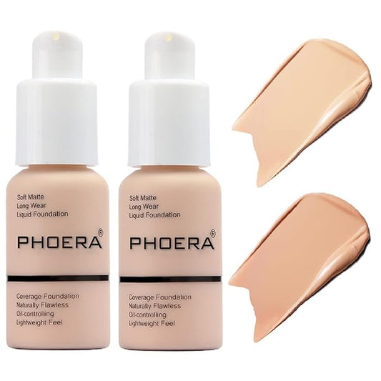 2 Pack PHOERA Foundation,Matte Oil Control Concealer Foundation Cream,PHOERA Long Lasting Waterproof Matte Liquid Foundation for Women Girls (102 Nude+103 Warm peach)-Velvo Beauty
