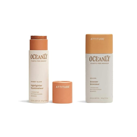 Bundle of ATTITUDE Oceanly Lightweight Highlighter Stick, Titanium Dioxide-Free, EWG Verified, Plastic-Free, Vegan Makeup, Sunset Glow, 0.3 Oz + Lightweight Bronzer Stick, Golden, 0.3 Oz-Velvo Beauty