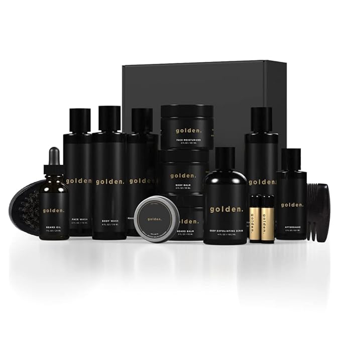 Golden Grooming Co. Complete Men's Grooming Gift Set - Beard Oil, Face & Body Wash, Shampoo, Balms, Moisturizer, Scrub & More-Velvo Beauty
