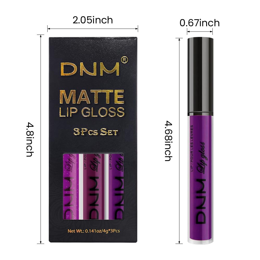 evpct 3Pcs Violet Purple Crystal Metallic Shimmer Glitter Matte Liquid Lipstick Lip Stain Sets for Women Matte+Lipstick Long Lasting Waterproof Permanent 24 Hours Magic Lipstick 24 Hours original-Velvo Beauty