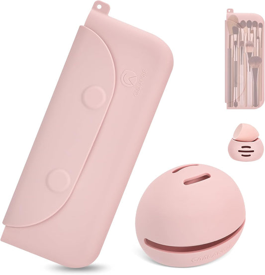 Silicone Makeup Brush Holder And Beauty Sponge Case, Travel Makeup Brush Case With Magnetic Closure, Makeup Sponge Holder 2 In 1 Stand Storage For Quick Drying Pink-Velvo Beauty