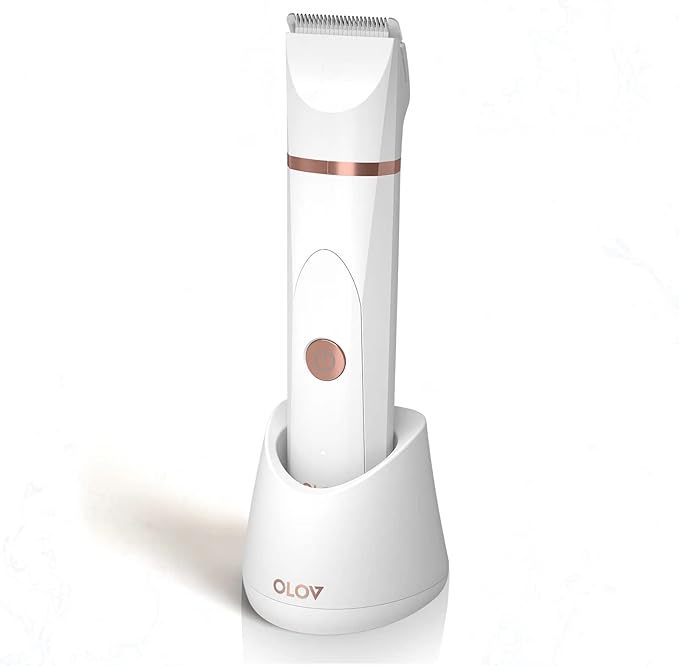 OLOV Electric Body Hair Trimmer - Groin Trimmer for Men - Bikini Trimmer Women - Wet/Dry Shaver Groomer, Replaceable Ceramic Blade Heads, USB Recharge Dock, Waterproof Hygiene Razor, White-Velvo Beauty