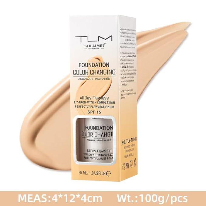 TLM Foundation Color Changing,TLM Colour Changing Liquid Foundation Hides Wrinkles & Lines,BB Cream Makeup Base Concealer Cover Moisturizing Fluid for all Skin Tone SPF15(30ML)-Velvo Beauty