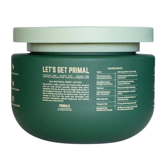 PRIMALS All Natural Body Lotion - Cocoa Butter & Mango Butter - 100% Naturally Derived Ingredients - Alcohol Free, Artificial Fragrance Free, Paraben Free, Petroleum Derivative Free - 8.45 oz-Velvo Beauty