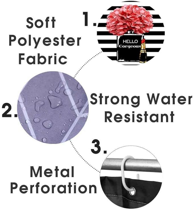 4PCS Hello Gorgeous Shower Curtain Set Watercolor Red Floral Black and White Striped Perfume Lipstick Makeup Vintage Modern Fashion Women Bathroom Decor Non-Slip Bath Mat Toilet Rug, Hydrangea-Velvo Beauty