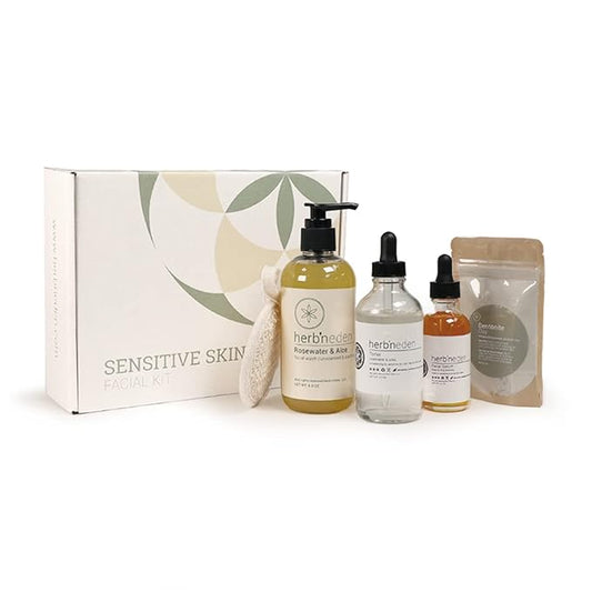 Herb’N Eden - Sensitive Skin Facial Kit - Cleanse, Mask, Tone, & Moisturize - Natural Ingredients & Essential Oils - Made in USA - 5 Product Set includes Wash, Toner, Serum, Mask, Sisal-Velvo Beauty