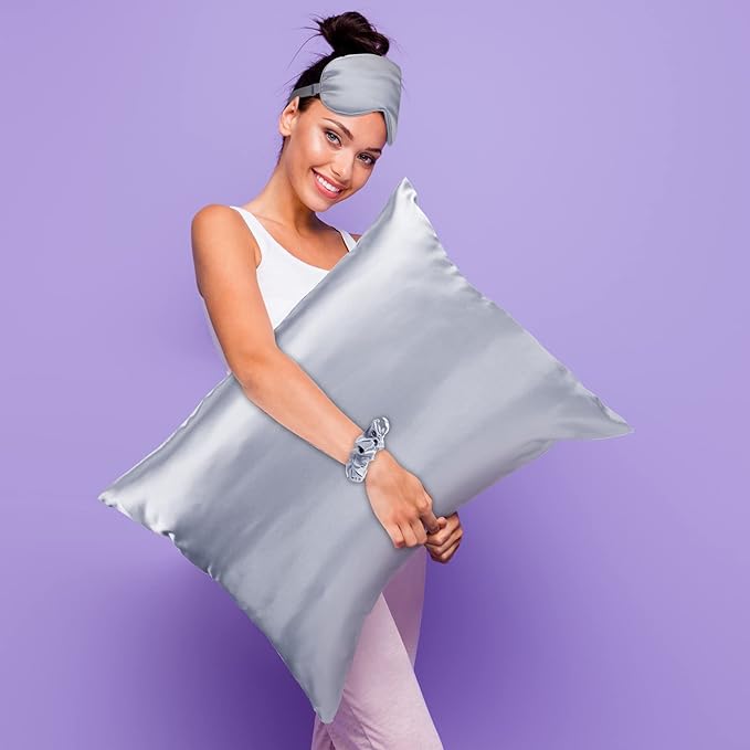 2 Pack Satin Pillowcase with Latent Zipper, Adjustable Satin Eye Mask for Sleeping and Satin Volume Scrunchie for Hair and Skin, Standard Size (Silver,Classic Style)-Velvo Beauty