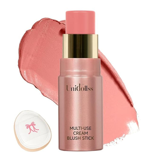 Multi-Use Makeup Cream Blush Stick, Unidollss 3-in-1 Buildable Blush Stick for Cheeks, Eyes, and Lips, Hydrating formula, All day wear, Easy Application with Thumb Puff Included (01 WHISPER)-Velvo Beauty