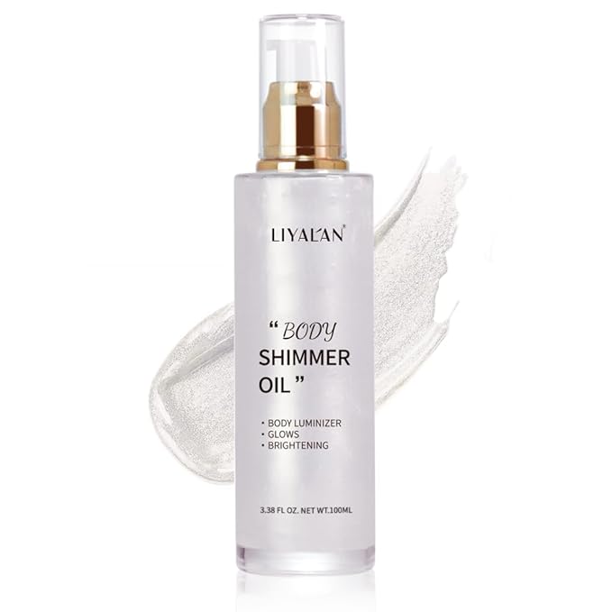 Liyalan Shimmer Body Oil Pearl White 5 Color Bronze Face Brighten Glow Highlighter Illuminator Body Makeup Shine Glitter Gold Liquid Taning (2.8 Fl Oz)-Velvo Beauty