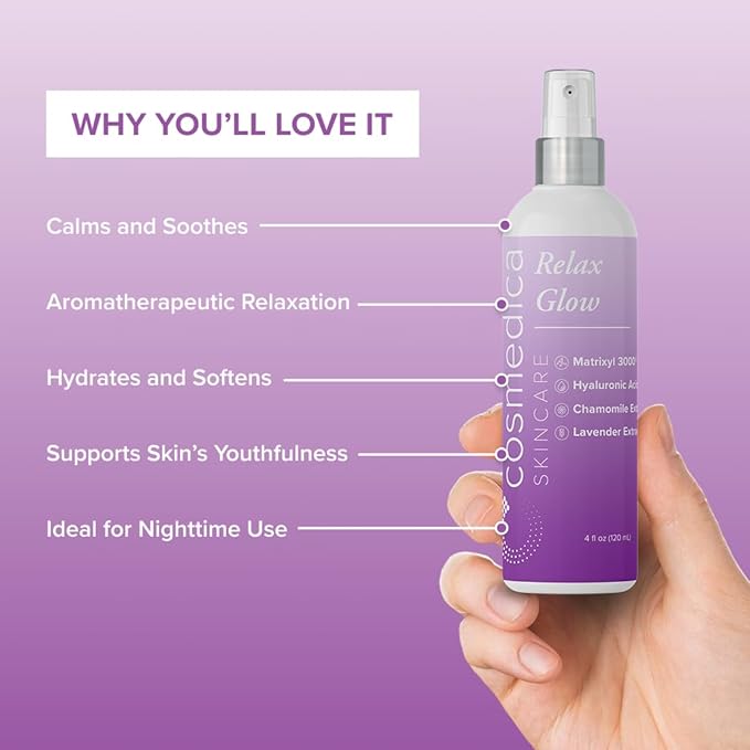 Cosmedica Skincare Relax Glow Hydrating Peptide Spray with Chamomile, Lavender Extract, Matrixyl 3000 & Hyaluronic Acid for Calming Skin, Moisturizer – 4 oz-Velvo Beauty