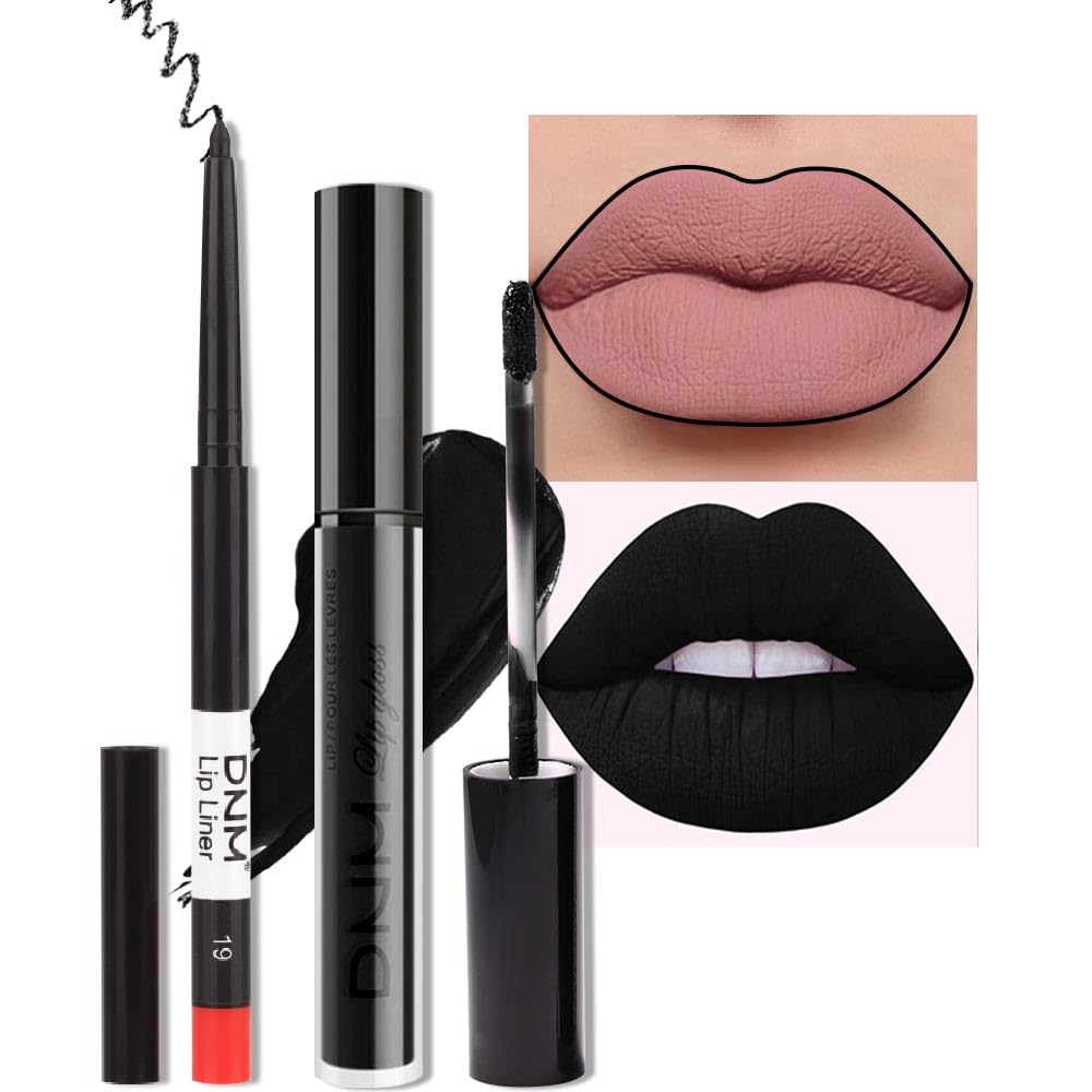 evpct 2Pcs Black Matte Liquid Lipstick and Lip Liner Gloss Stain Pencil Makeup Set Long Lasting Dark Matte Lipstick 24H and with Lip Liner Set for Black women labiales mate 24 horas originales 19#-Velvo Beauty