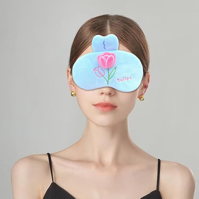 PERFECTSIGHT Sleep Eye Masks, Cute Plush Sleep Eye Cover Lightweight Adjustable Eyeshade Faux Fur Mask Cover for Women Men Sleep Travel Nap, Blue Tulip-Velvo Beauty