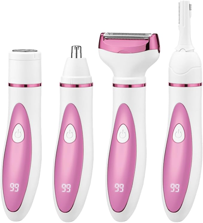 Electric Razor for Women, Bikini Trimmer Womens Shaver for Face Nose Eyebrow Body Leg Pubic Underarm Arm Ladies Rechargeable 4 in 1 Hair Removal Kit Painless Trimming, Gifts for Women (Pink)-Velvo Beauty