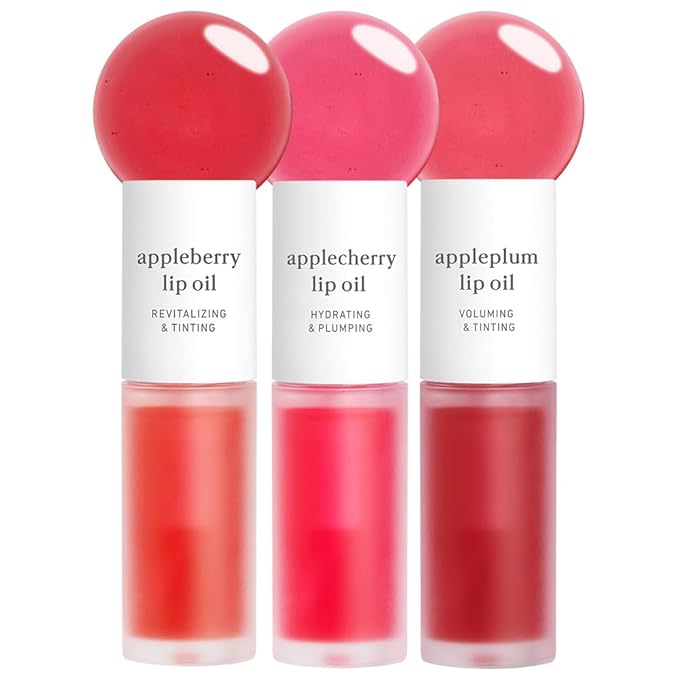 NOONI Vegan Appleseed Lip Oil Set - Appleberry & Applecherry & Appleplum | Long-Lasting, Moisturizing, Plumping, Revitalizing for Dry Lips, Waterproof, No Peel Off, 0.12 FL Oz x 3ea-Velvo Beauty