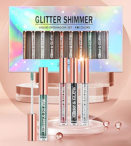 BestLand 10 Colors Liquid Glitter Eyeshadow Set, Metallic Glitter Shimmer Naked Smokey Eye Looks Waterproof Long Lasting Quick-Drying Sparkling Eye Shadow Christmas Makeup Kits-Velvo Beauty