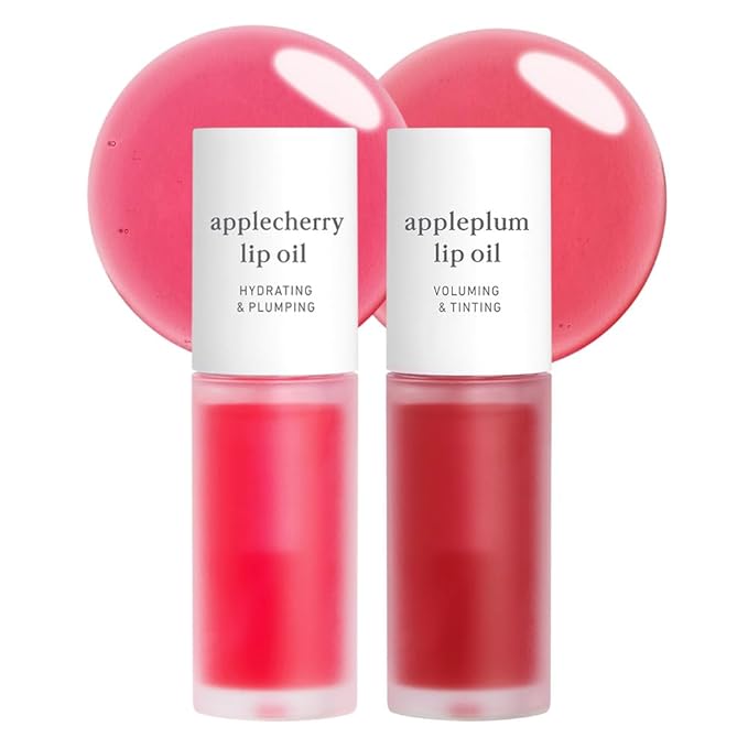 NOONI Vegan Appleseed Lip Oil Set - Applecherry & Appleplum | Long-Lasting, Moisturizing, Plumping, Revitalizing for Dry Lips, Waterproof, No Peel Off, Korean Tint, 0.12 FL Oz x 2ea-Velvo Beauty
