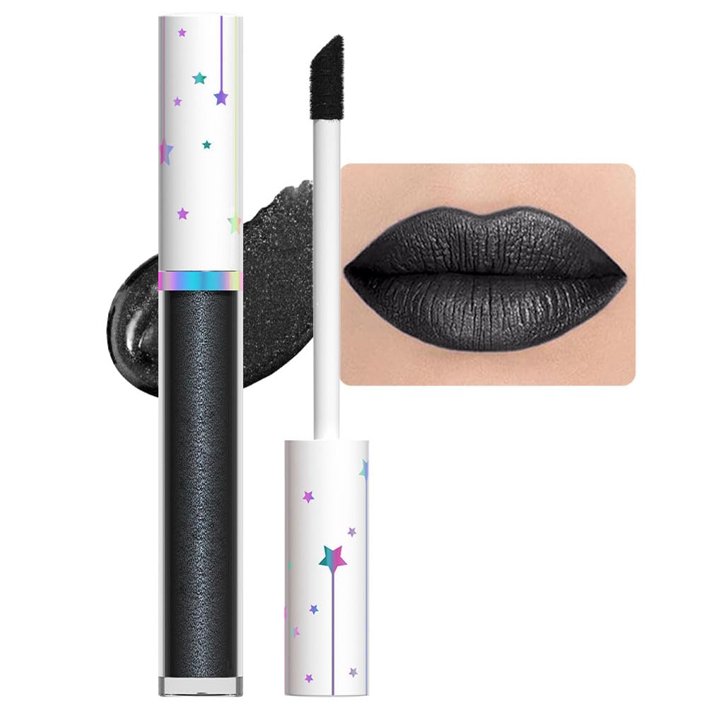 evpct 1Pcs Black Metallic Shimmer Glitter Lip Gloss Liquid Lipstick Long Lasting Waterproof 24, Glitter Pearlescent Metallic Sparkly Liquid Lipsticks Lip Stains Makeup Set for Women 06-Velvo Beauty