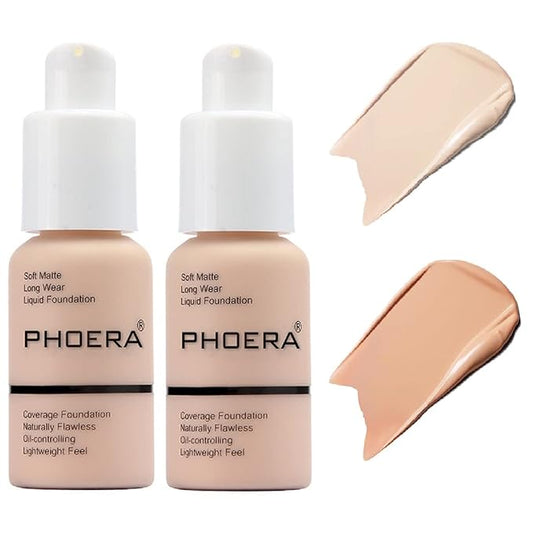 2 Pack PHOERA Foundation,Flawless Soft Matte Liquid Foundation 24 HR Oil Control Concealer Foundation Makeup,Full Coverage Foundation for Women and Girls(((101 Porcelain+103 Warm Peach)-Velvo Beauty