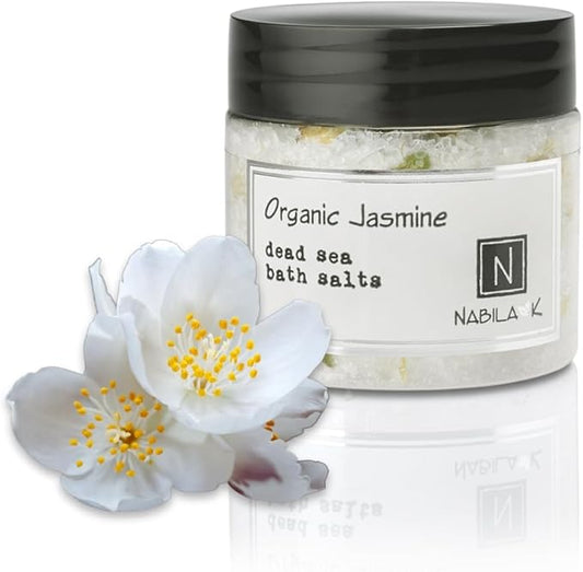 Organic Jasmine Bath Salts by Nabila K - Dead Sea Salt & Epsom Salt Scrub & Soak - Exfoliates & Hydrates Skin, Botanical Essential Oils - Bubble Bath Accessories for All Skins Types, 2 oz-Velvo Beauty
