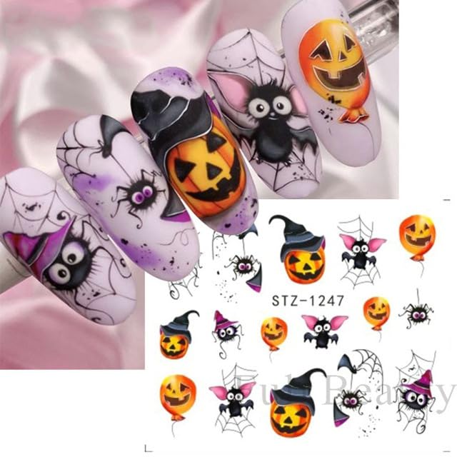 12 Sheets Halloween Nail Art Sticker Decals Horror Water Transfer Nails Foils Pumpkin Ghost Skull Spider Blood Evil Eye Halloween Design Nail Art Decoration Nail Slider Decal for Women DIY Nail Supply-Velvo Beauty