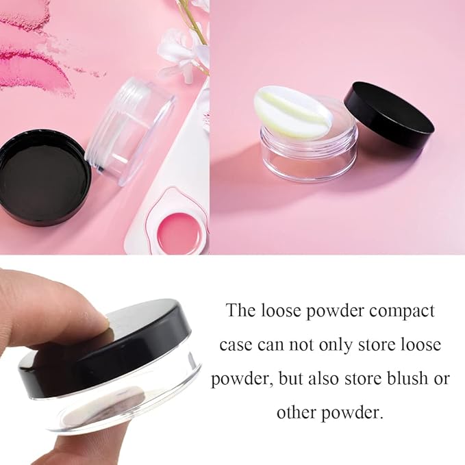 HAHIYO 4pcs 10ml/0.34oz Plastic Empty Travel Compact Case Makeup Cosmetic Jar Refillable Powder Box No Leak Holder with Common Sifter and Black Screw Lid-Velvo Beauty