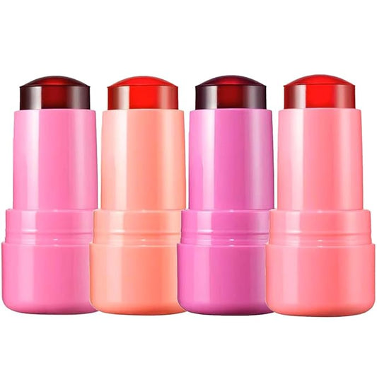 Cooling Water Jelly Tint Blush,4 Colors Multi-Use Tint Blush Makeup Stick Watercolor Finish for Lips and Cheek Stain, Moisturising Waterproof Non-Stick-Velvo Beauty
