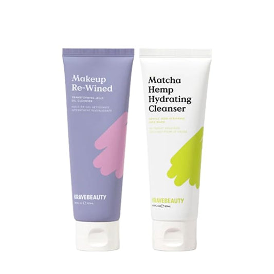 KraveBeauty Double Cleanse Duo, Makeup Re-Wined + Matcha Hemp Cleanser, Gentle Makeup Remover & Hydrating Cleanser, Hydrates and Preps Skin, Vegan & Cruelty Free, 3.38 fl oz 4.05 fl oz-Velvo Beauty