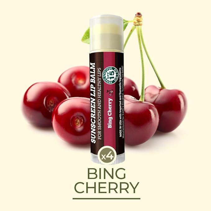 SPF Lip Balm 4-Pack by Earth's Daughter - Lip Sunscreen, SPF 15, Organic Ingredients, Cherry Flavor, Beeswax, Coconut Oil, Vitamin E - Hypoallergenic, Paraben Free, Gluten Free-Velvo Beauty