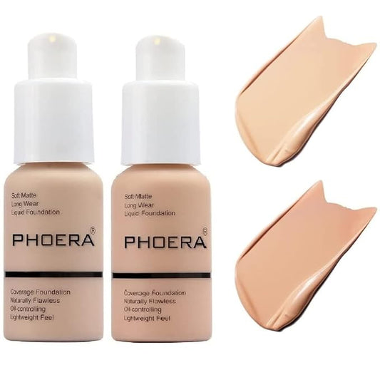 2 Pack PHOERA Foundation 102# Nude and 103# Warm Peach, Flawless Soft Matte Liquid Foundation,24 HR Full Coverage Mattle Oil-Control Foundation Makeup.-Velvo Beauty