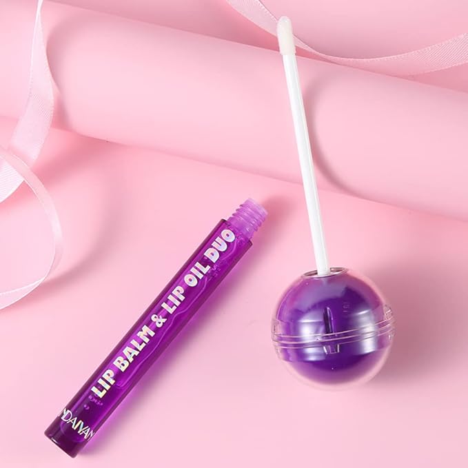 Tinted Lip Balm Lollipop Lip Gloss, Magic pH Color Changing Pink Lipstick & Vitamin E Clear Lip Oil Combo, Hydrating Plumping Lip Care Product for Girls (Purple)-Velvo Beauty
