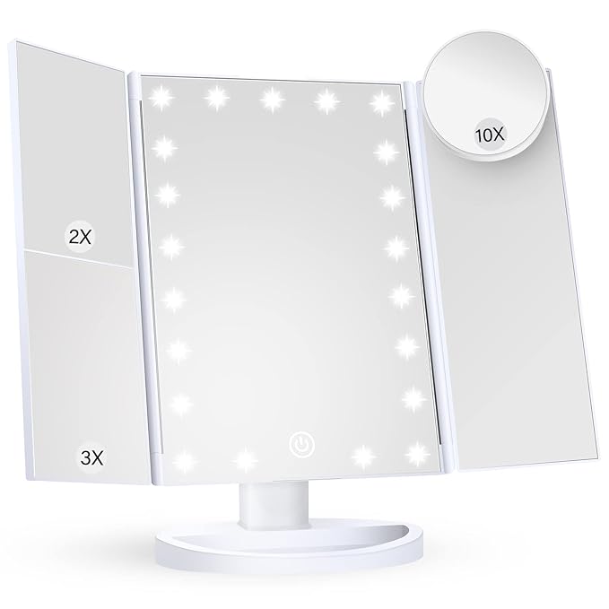 HUONUL Makeup Mirror Vanity Mirror with Lights, 2X, 3X, 10X Magnification, Touch Control, Trifold, White, 9.4" L x 13.4" W, Modern Style, Dresser Mount, Bathroom-Velvo Beauty