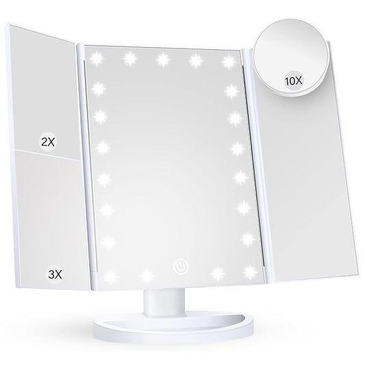 HUONUL Makeup Mirror Vanity Mirror with Lights, 2X, 3X, 10X Magnification, Touch Control, Trifold, White, 9.4" L x 13.4" W, Modern Style, Dresser Mount, Bathroom-Velvo Beauty