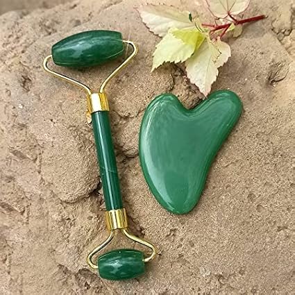 Green Jade Roller & Gua Sha Set, Face Roller Manual Massager,Green Jade Applicator for Face, Neck,Body Muscle,Relaxing, Stimulating Blood Flow, Relieve Fine Lines, Wrinkles,Green-Velvo Beauty