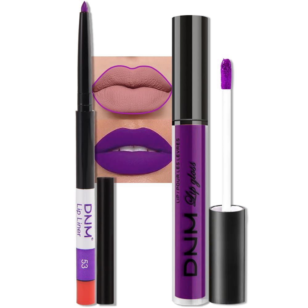 evpct 2Pcs Lavender Purple Matte Liquid Lipstick Lip Gloss Stain and Retractable Lip Liner Makeup Set for Women Long Lasting Waterproof 24 Hours Lipstick labial mate larga duracion 24 53#-Velvo Beauty