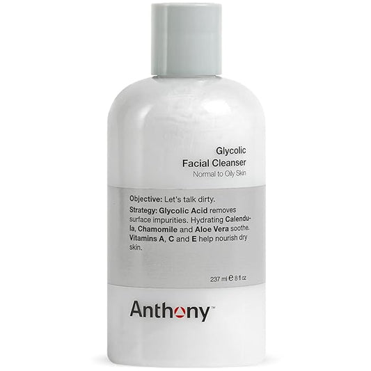 Anthony Glycolic Facial Cleanser for Men, Daily Exfoliating & Hydrating Face Wash, Shave Prep, Non-Foaming, Deep Cleansing, Gentle on Sensitive Skin, Removes Dirt & Oil, Smooths Texture, 8 Fl Oz-Velvo Beauty