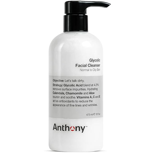 Anthony Glycolic Facial Cleanser for Men, Daily Exfoliating & Hydrating Face Wash, Shave Prep, Non-Foaming, Deep Cleansing, Gentle on Sensitive Skin, Removes Dirt & Oil, Smooths Texture, 16 Fl Oz-Velvo Beauty