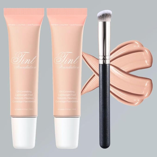 2 Pack Liquid Foundation Cream with Foundation Brush for Face Makeup,Durable Full Coverage Matte Concealer Make Up,Oil Control & Waterproof Base Primer -1 Fl.Oz (#03)-Velvo Beauty