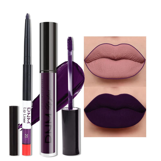 evpct 2Pcs Dark Deep Purple Plum Black Matte lipstick and Lip Liner Pencil Makeup Set for women Matte Smudge Proof Lipstick Lip Stain Long Lasting Waterproof labiales mate 24 horas originales 20#-Velvo Beauty