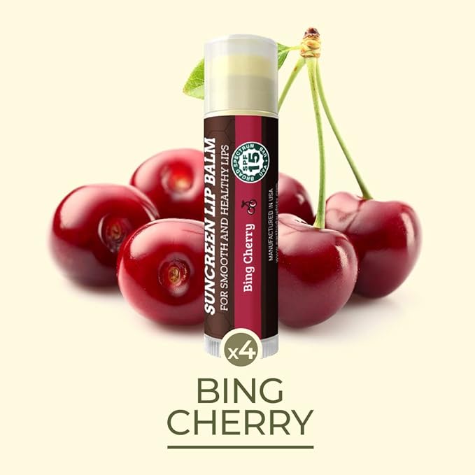 SPF Lip Balm 4-Pack by Earth's Daughter - Lip Sunscreen, SPF 15, Organic Ingredients, Cherry Flavor, Beeswax, Coconut Oil, Vitamin E - Hypoallergenic, Paraben Free, Gluten Free-Velvo Beauty