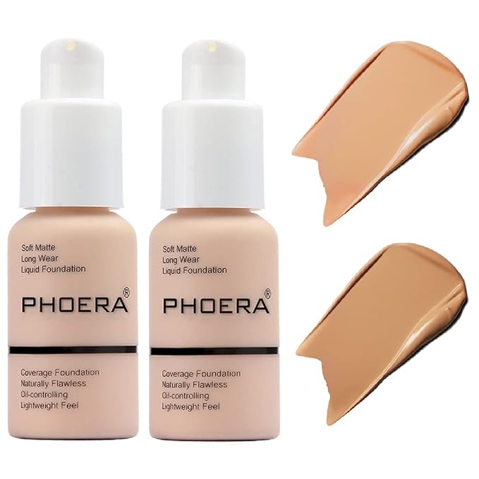 2 Pack PHOERA Foundation,Matte Oil Control Concealer Foundation Cream,PHOERA Long Lasting Waterproof Matte Liquid Foundation for Women Girls (104 Buff Beige+105 Sand)-Velvo Beauty
