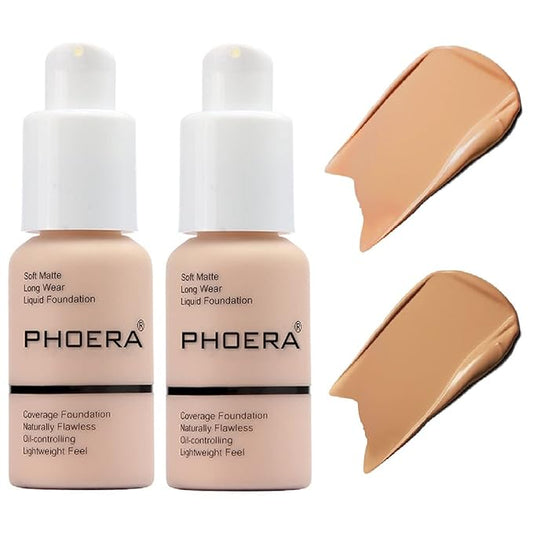 2 Pack PHOERA Foundation,Matte Oil Control Concealer Foundation Cream,PHOERA Long Lasting Waterproof Matte Liquid Foundation for Women Girls (104 Buff Beige+105 Sand)-Velvo Beauty