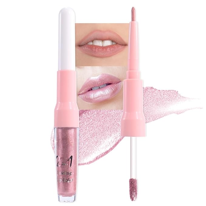evpct Light Pink Metallic Shimmer Lip Liner and Lipstick Combo Lip Gloss Stain Set Makeup for Women Long Lasting Waterproof 24, Light Voilet Frosted Metallic Glitter Glossy Iridescent Liquid Lipstick-Velvo Beauty