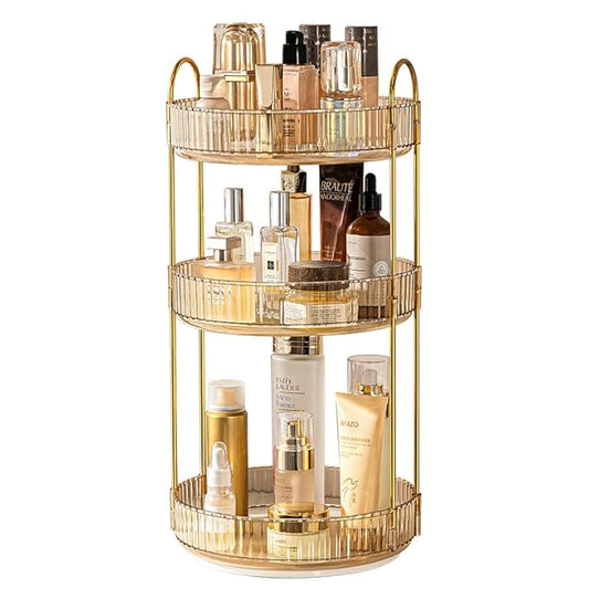 360 Rotating Makeup Organizer - High-Capacity Skincare & Cosmetics Organizer for Vanity, Bathroom or Dresser (3 Tiers, Amber)-Velvo Beauty
