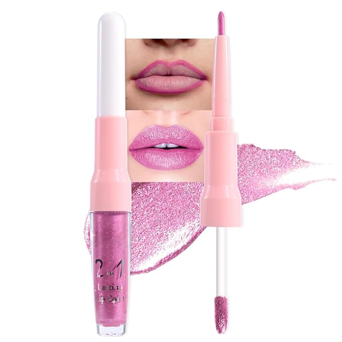 evpct Light Rose Pink Metallic Glitter Lip Liner and Lipstick Combo Lip Gloss Stain Set Makeup for Women Long Lasting Waterproof 24, Pink Metallic Shimmer Frosted Iridescent Shiny Liquid Lipstick 10-Velvo Beauty