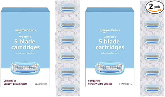Amazon Basics 5-Blade Razor Refills for Women, 6 Count (Fits Amazon Basics Razor Handles Only) (Previously Solimo) (Pack of 2)-Velvo Beauty