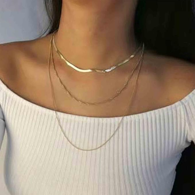 Punk Layered Chain Necklace Gold Flat Snake Chain Necklace Choker Vintage Herringbone Necklace Stacking Chunky Necklace Chain Jewelry for Women and Girls Gift-Velvo Beauty