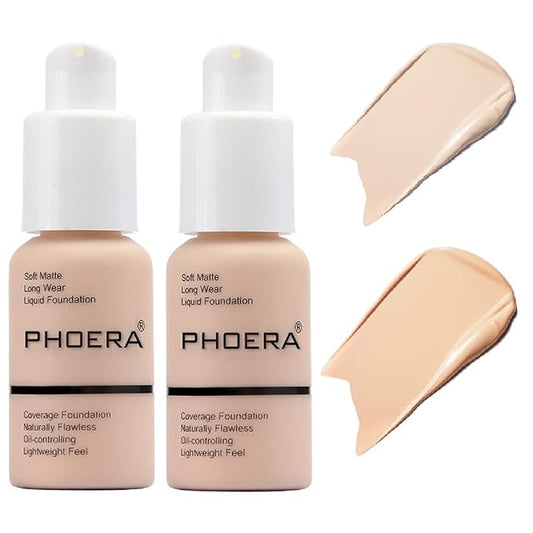 2 Pack PHOERA Foundation Makeup For Older Women,Flawless Soft Matte Liquid Foundation 24 HR Oil Control Concealer Foundation Makeup(101 Porcelain+102 Nude)-Velvo Beauty