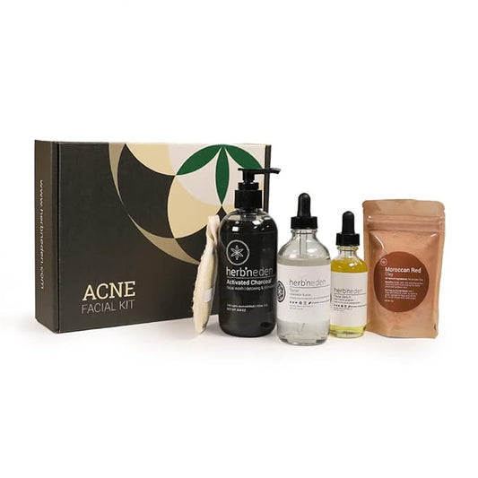 Herb’N Eden - Acne Facial Kit - Cleanse, Mask, Tone, & Moisturize - Natural Ingredients & Essential Oils - Made in USA - 5 Product Set includes Wash, Toner, Serum, Clay Mask, Sisal-Velvo Beauty